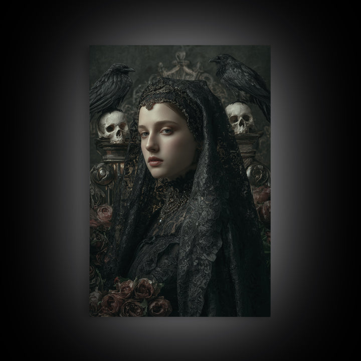 Gothic Woman Portrait Framed Canvas Print, Dark Art, Dark Academia, Living Room Decor, Oil Painting, Nocturne, Horror Decor, DAR-2x3-60