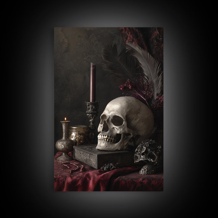 Baroque Skull and Red Velvet Vanitas Canvas Print, Dark Art, Living Room Decor, Oil Painting, Nocturne, Halloween Art, DAR-2x3-66