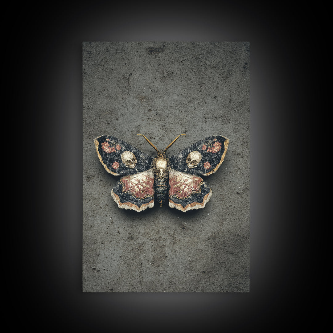 Moth with Skull Pattern on Black Ground Canvas Print, Dark Art, Gothic Wall Art, Living Room Decor, Fine Art, Nocturne, DAR-2x3-71