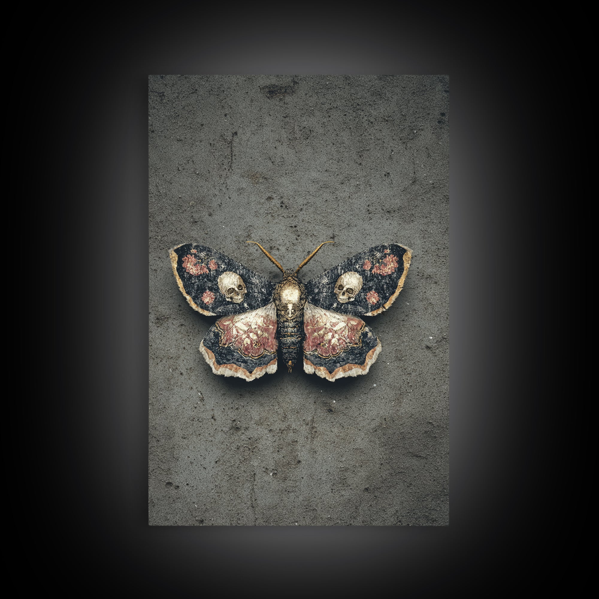Moth with Skull Pattern on Black Ground Canvas Print, Dark Art, Gothic Wall Art, Living Room Decor, Fine Art, Nocturne, DAR-2x3-71