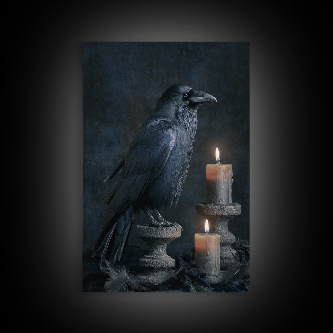 Silent Graveyard with Blue Moon Haze Framed Canvas Print, Dark Art, Living Room Decor, Watercolor Art, Nocturne, DAR-2x3-74