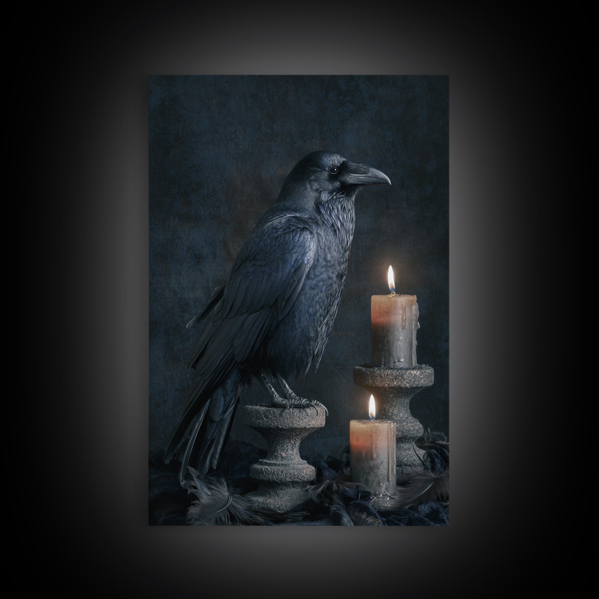 Silent Graveyard with Blue Moon Haze Framed Canvas Print, Dark Art, Living Room Decor, Watercolor Art, Nocturne, DAR-2x3-74