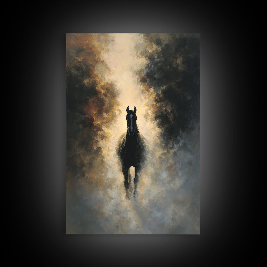 Black Horse Emerging from Smoke Framed Canvas Print, Dark Art, Moody Wall Art, Living Room Decor, Fine Art, Nocturne, DAR-2x3-75