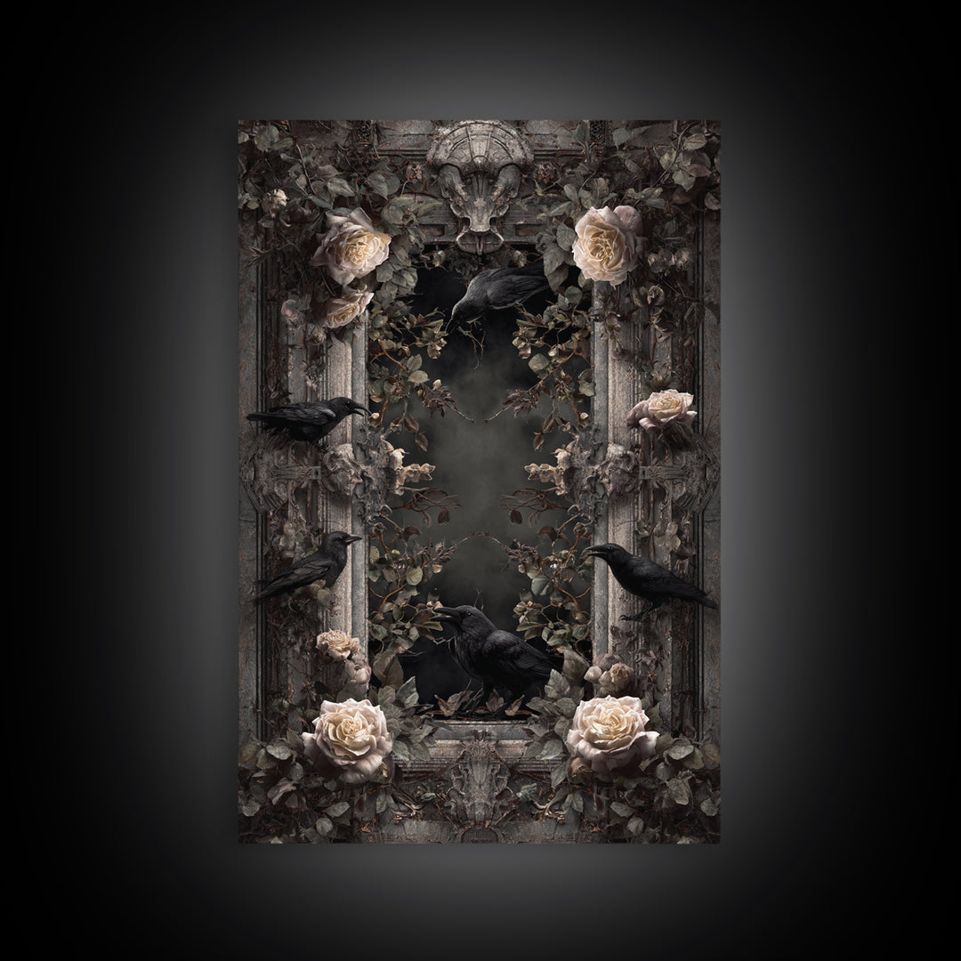 Black Roses Blooming from Cracked Stone Canvas Print, Dark Art, Oil Painting, Living Room Decor, Nocturne, Gothic Wall Decor, DAR-2x3-82