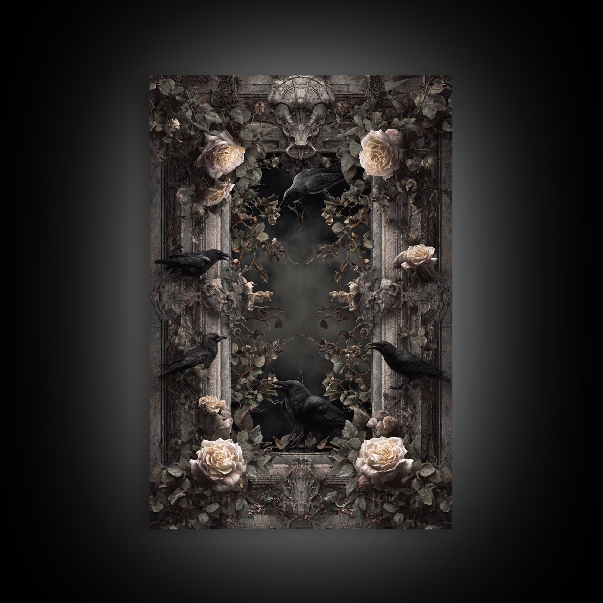 Black Roses Blooming from Cracked Stone Canvas Print, Dark Art, Oil Painting, Living Room Decor, Nocturne, Gothic Wall Decor, DAR-2x3-82