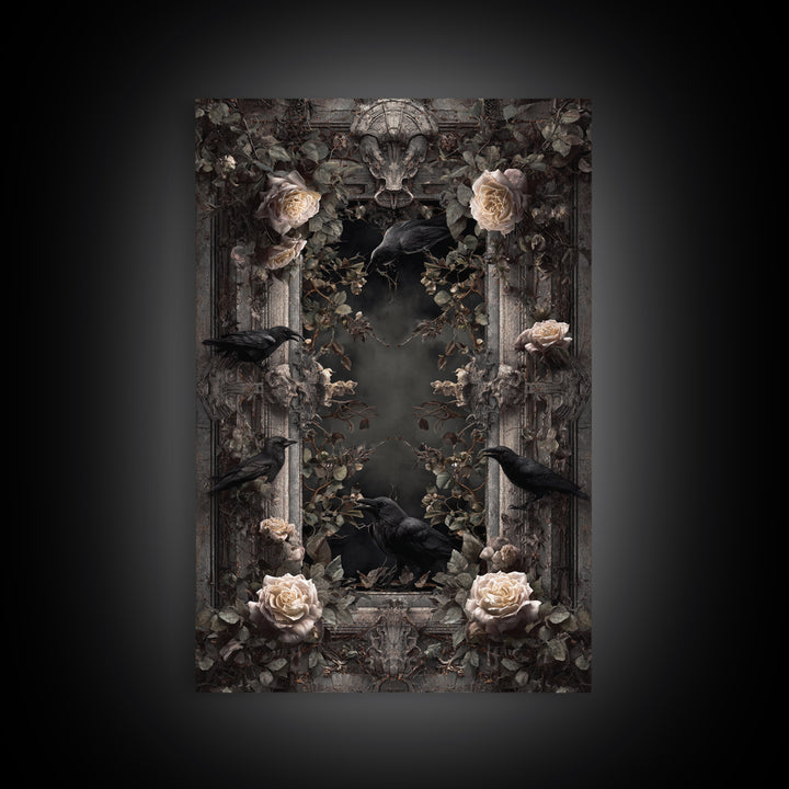 Black Roses Blooming from Cracked Stone Canvas Print, Dark Art, Oil Painting, Living Room Decor, Nocturne, Gothic Wall Decor, DAR-2x3-82