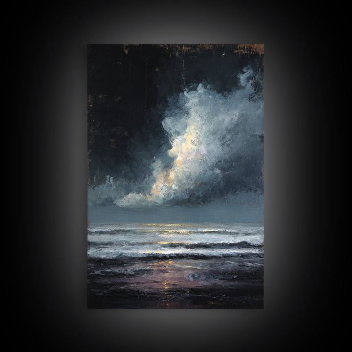 Stormy Sea under a Nearly Black Sky Framed Canvas Print, Dark Art, Horror Decor, Living Room Decor, Fine Art, Nocturne, DAR-2x3-85