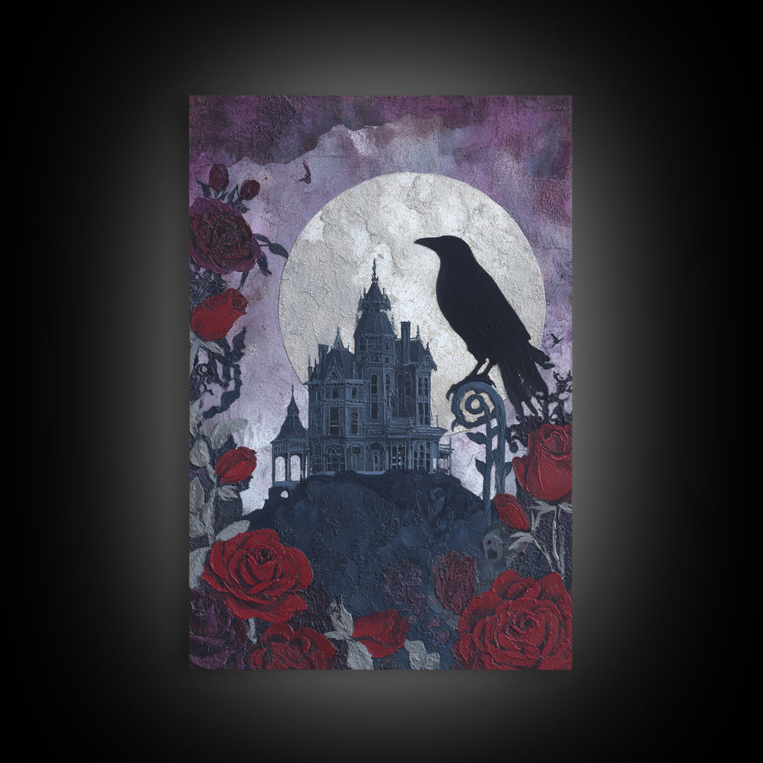 Haunted Mansion Silhouette on Distant Hill Canvas Print, Dark Art, Gothic Decor, Living Room Decor, Abstract Art, Nocturne, DAR-2x3-86