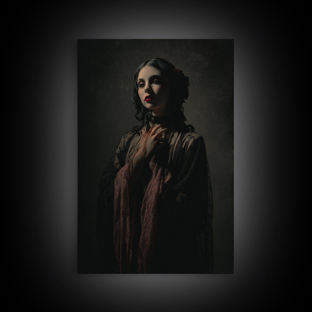 Vampire Inspired Portrait with Pale Dramatic Light Framed Canvas Print, Dark Art, Moody Wall Art, Living Room Decor, Nocturne, DAR-2x3-93
