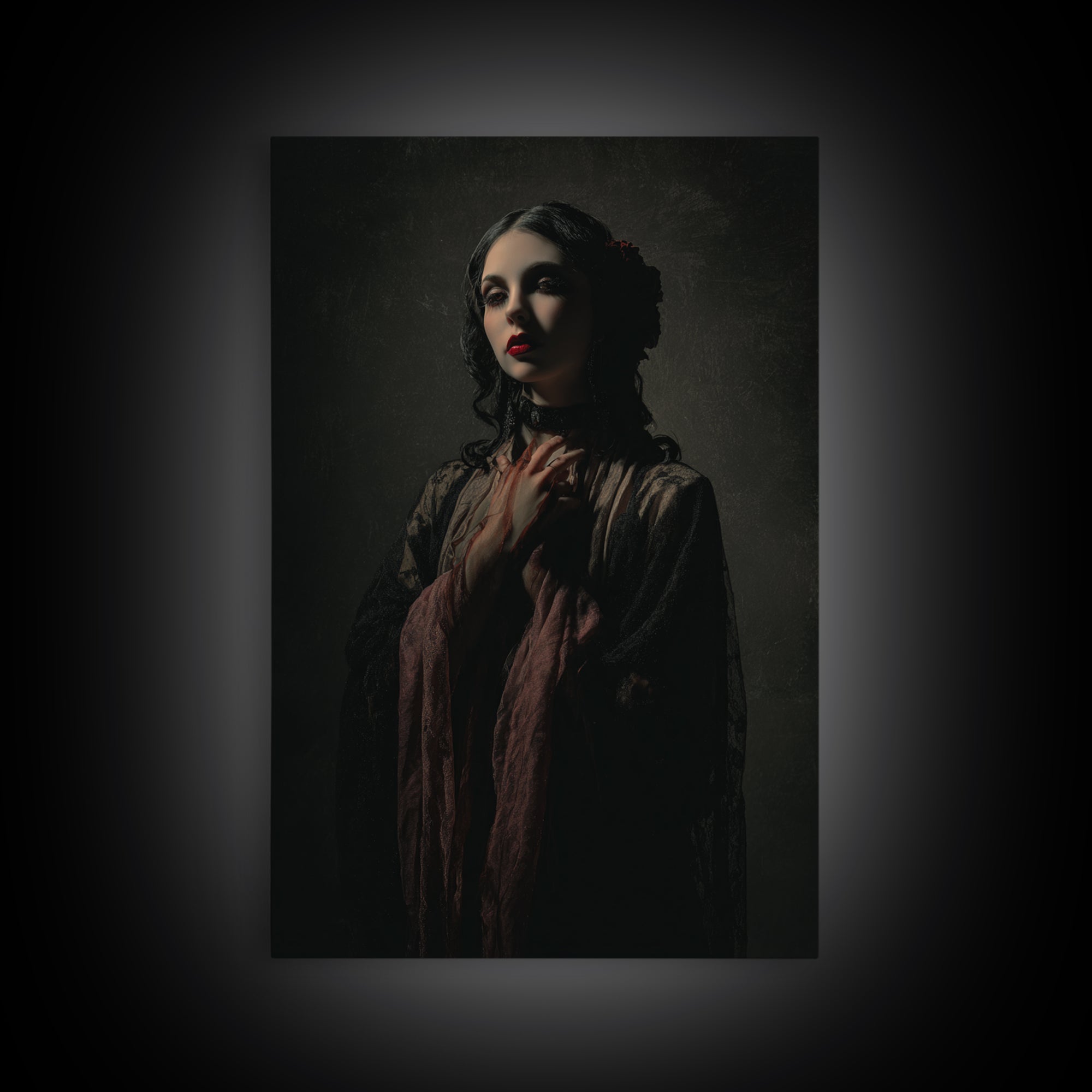 Vampire Inspired Portrait with Pale Dramatic Light Framed Canvas Print, Dark Art, Moody Wall Art, Living Room Decor, Nocturne, DAR-2x3-93