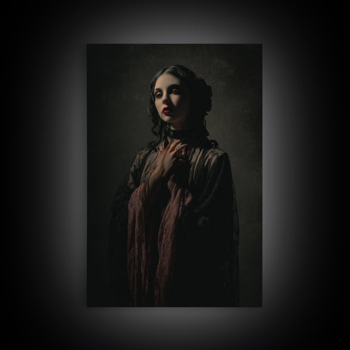 Vampire Inspired Portrait with Pale Dramatic Light Framed Canvas Print, Dark Art, Moody Wall Art, Living Room Decor, Nocturne, DAR-2x3-93