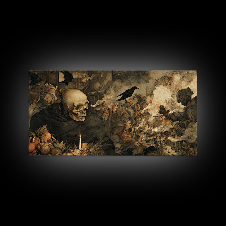 The Talking Skull, Northern Renaissance Horror, Wide Panoramic Art, Dark Halloween Decor, Framed Canvas Print, Halloween Wall Art