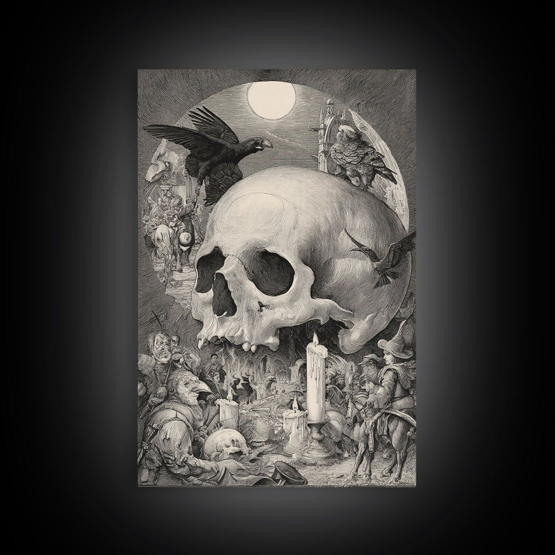 The Talking Skull, Renaissance Engraving Art, Vertical Wall Art, Dark Fantasy Wall Art, Canvas Print, Halloween Wall Art