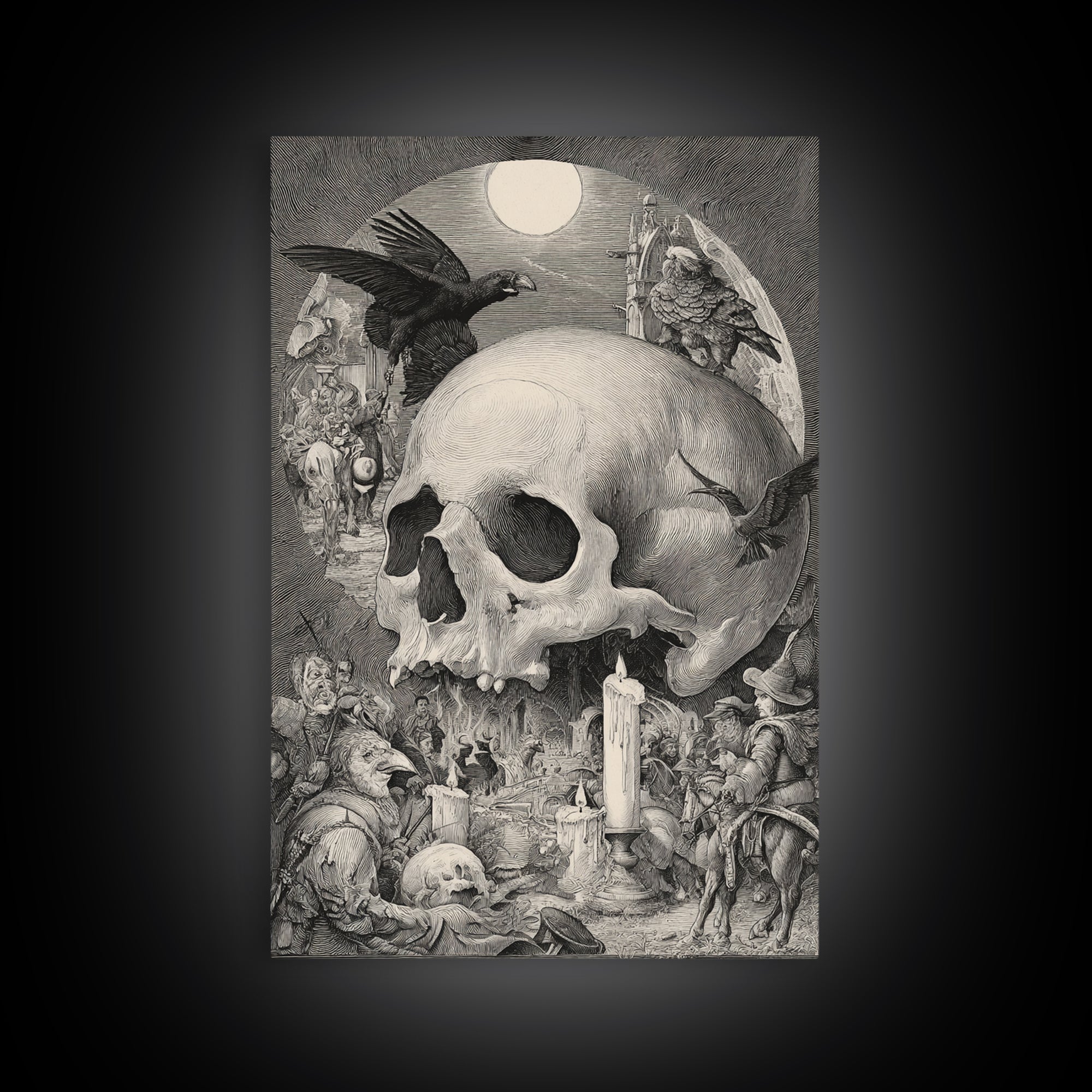 The Talking Skull, Renaissance Engraving Art, Vertical Wall Art, Dark Fantasy Wall Art, Canvas Print, Halloween Wall Art