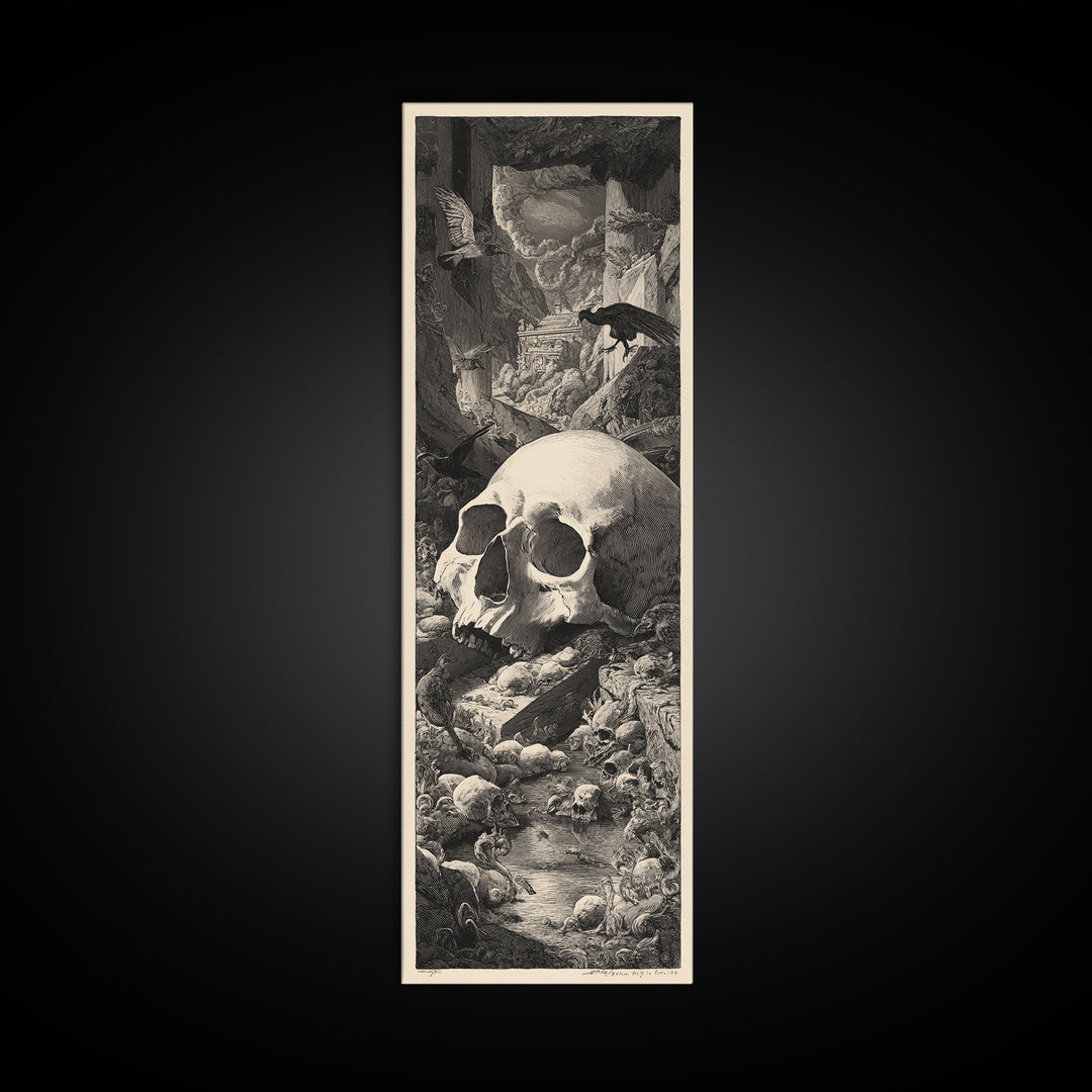 The Talking Skull, Architectural Etching Art, Tall Narrow Wall Art, Dark Fantasy Wall Art, Framed Canvas Print