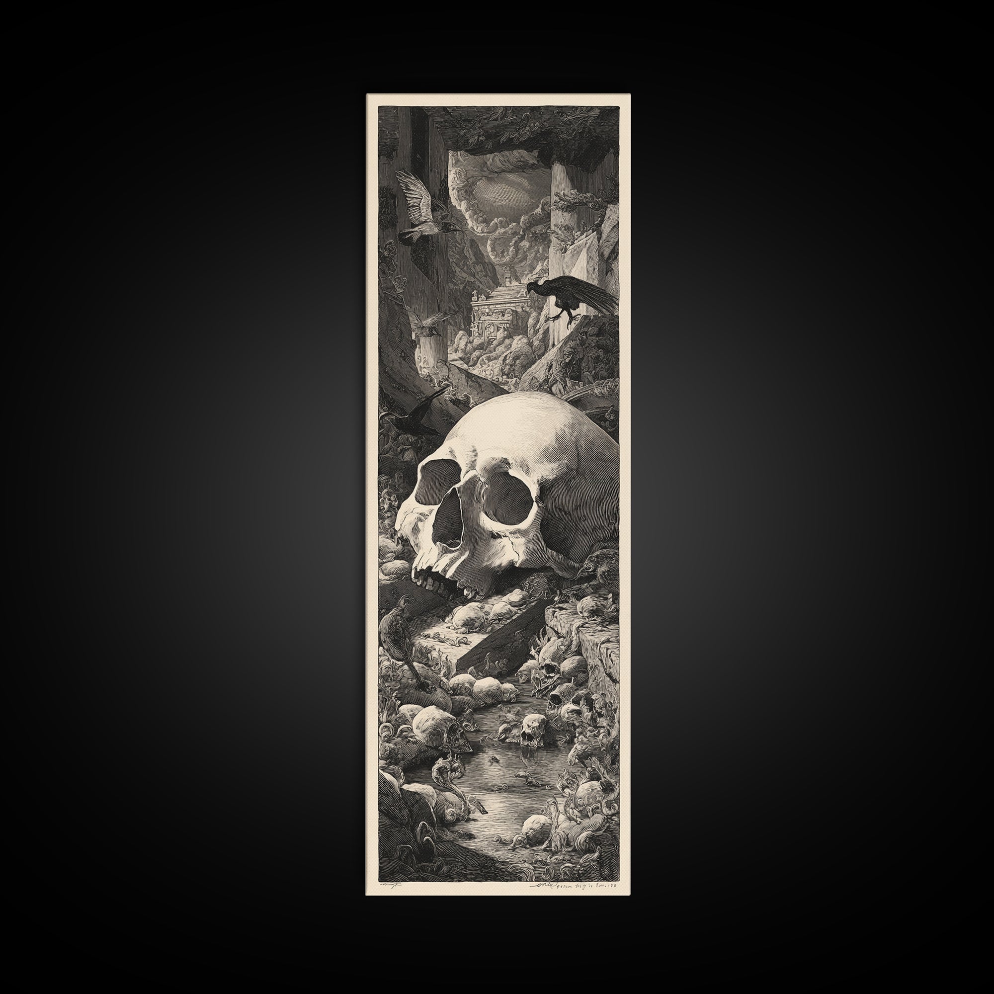 The Talking Skull, Architectural Etching Art, Tall Narrow Wall Art, Dark Fantasy Wall Art, Framed Canvas Print