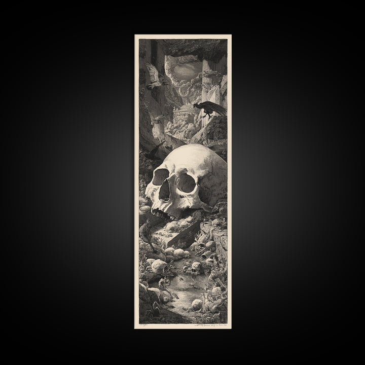 The Talking Skull, Architectural Etching Art, Tall Narrow Wall Art, Dark Fantasy Wall Art, Framed Canvas Print