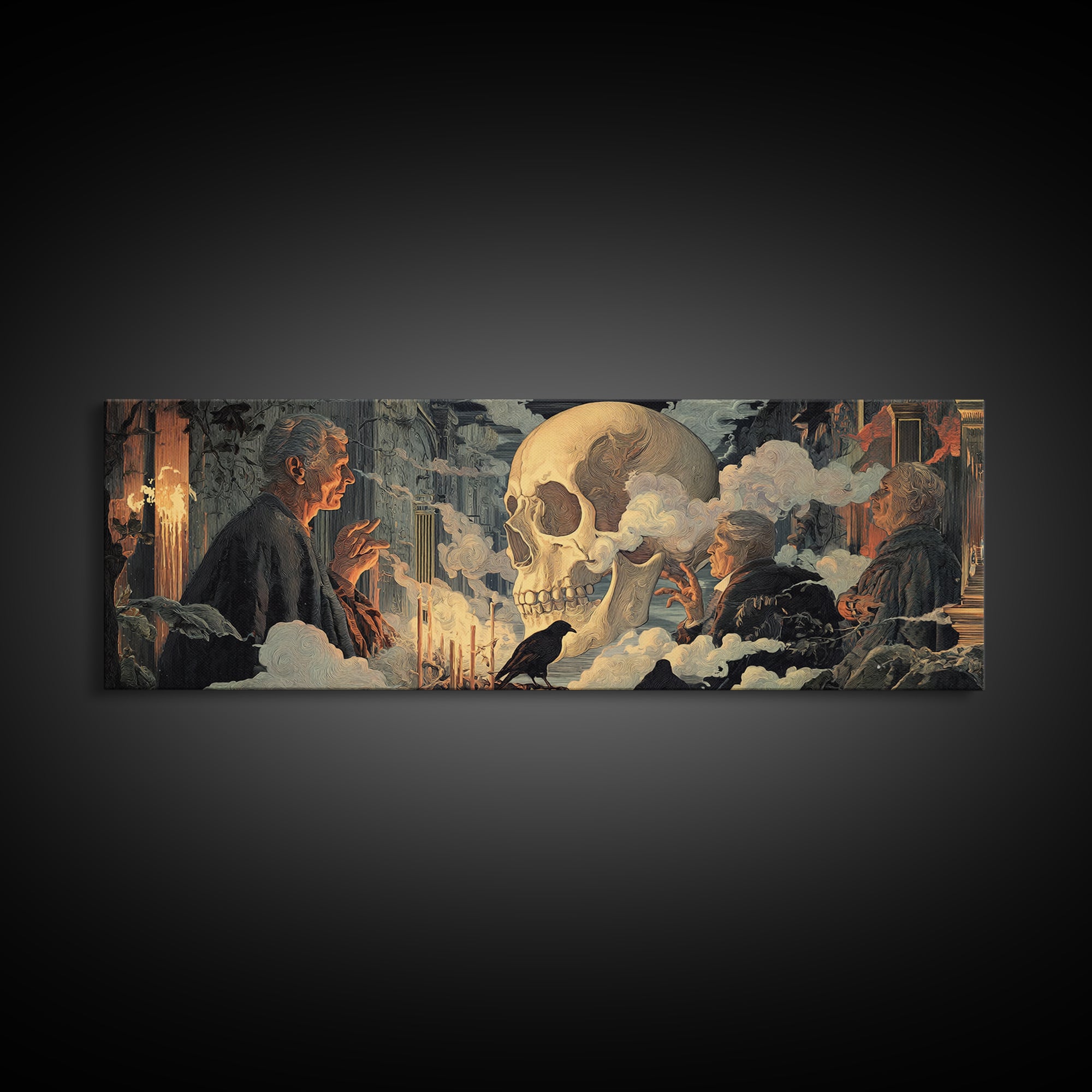 The Talking Skull, Apocalyptic Romantic Art, Extra Wide Wall Art, Macabre Wall Art, Framed Canvas Print, Halloween Wall Art