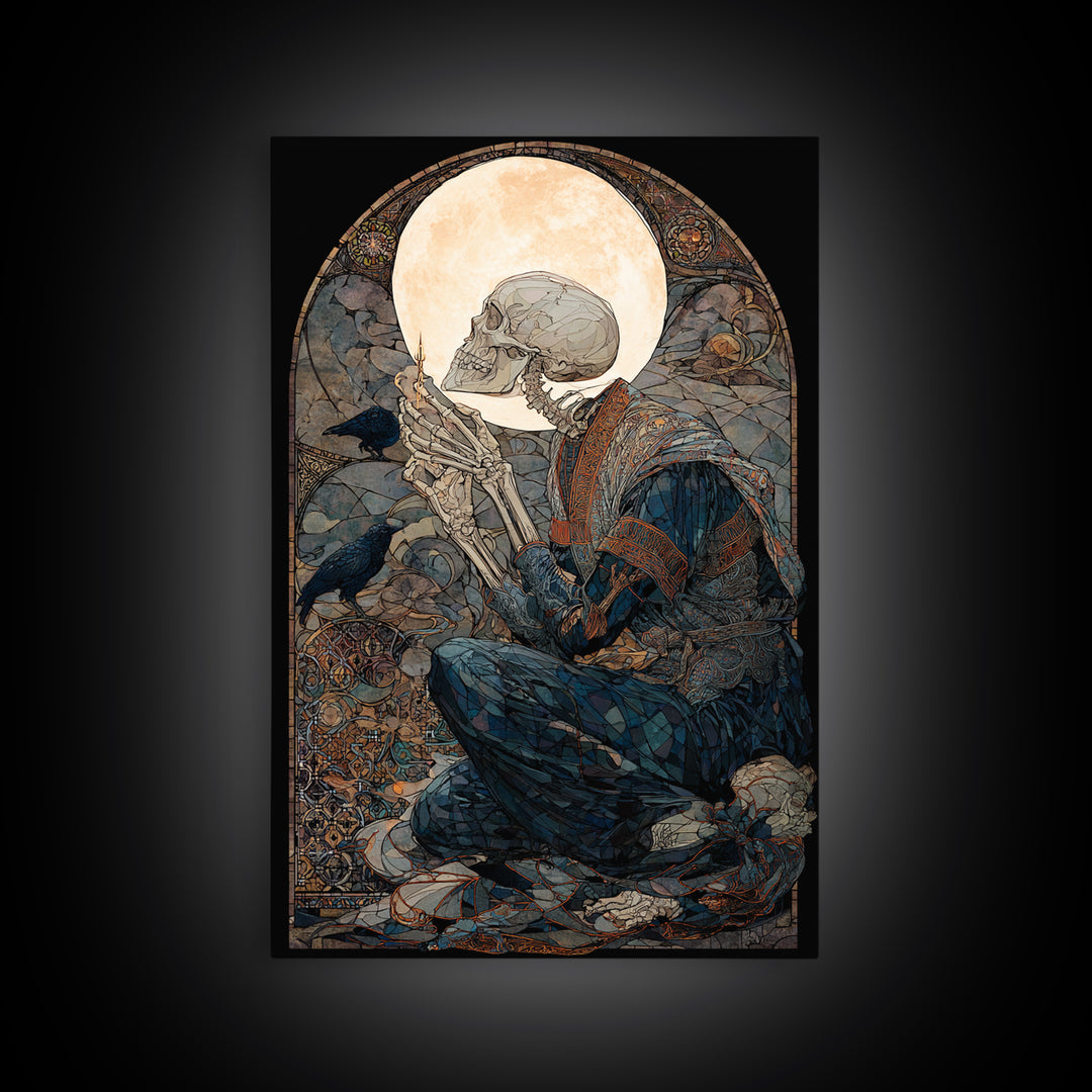 The Talking Skull, Stained Glass Gothic Art, Vertical Wall Art, Dark Halloween Decor, Canvas Print, Halloween Wall Art, Statement Wall Art