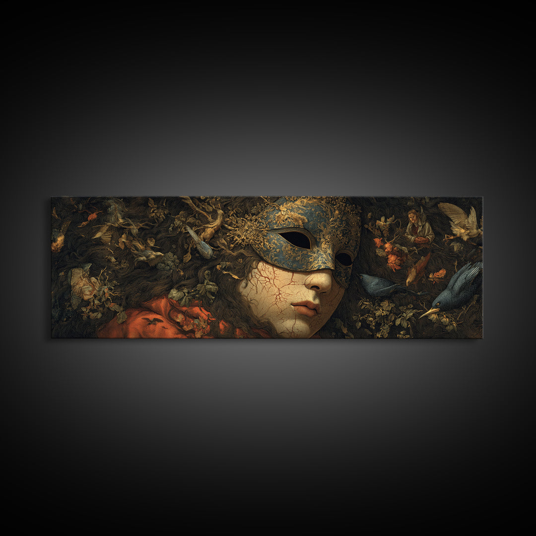 The Cracked Porcelain Mask, Medieval Grotesque Art, Extra Wide Wall Art, Dark Halloween Decor, Framed Canvas Print, Spooky Wall Decor