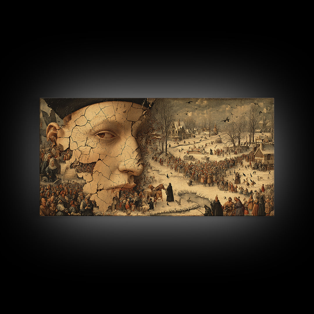 The Cracked Porcelain Mask, Northern Renaissance Horror, Wide Panoramic Art, Gothic Horror Wall Art, Canvas Print