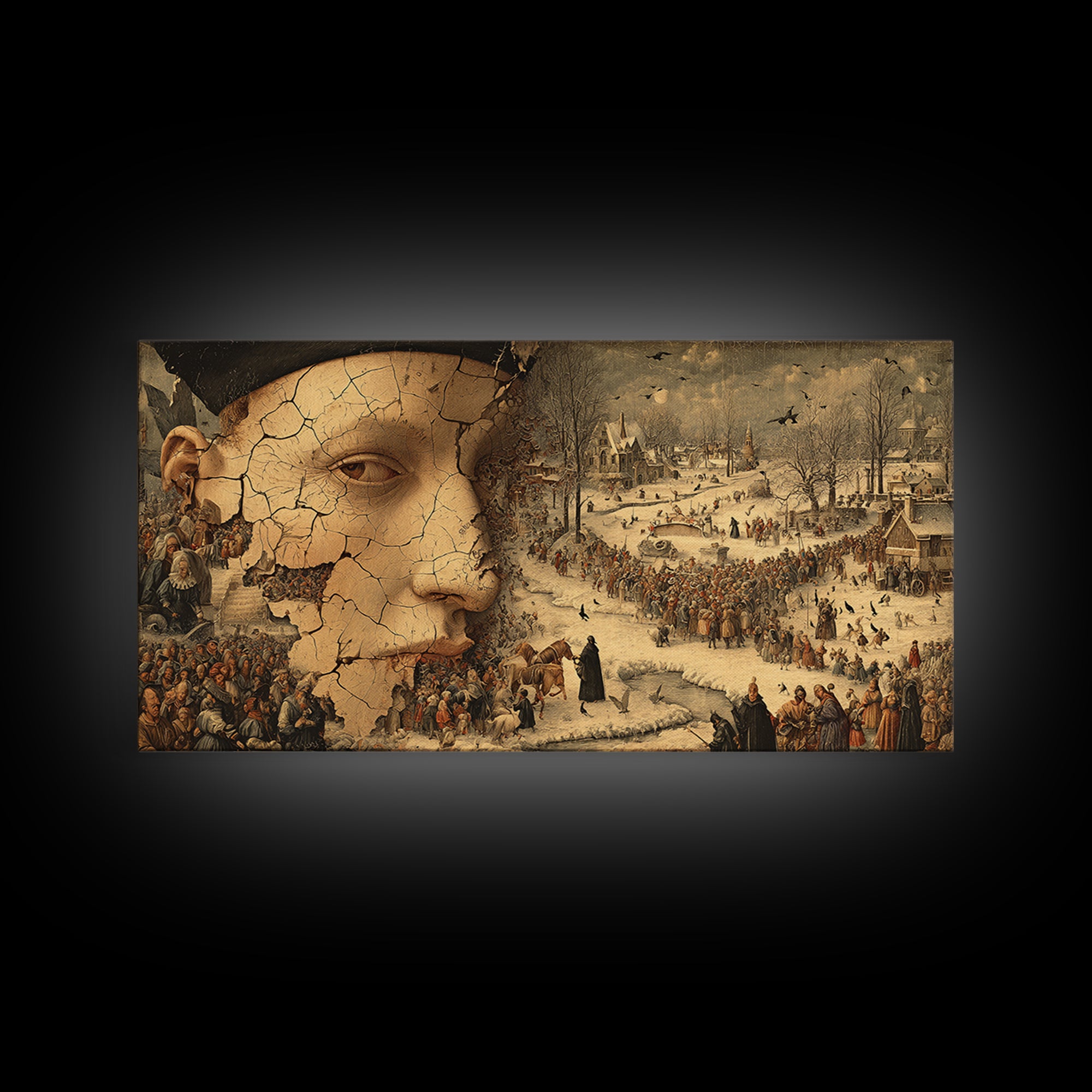 The Cracked Porcelain Mask, Northern Renaissance Horror, Wide Panoramic Art, Gothic Horror Wall Art, Canvas Print