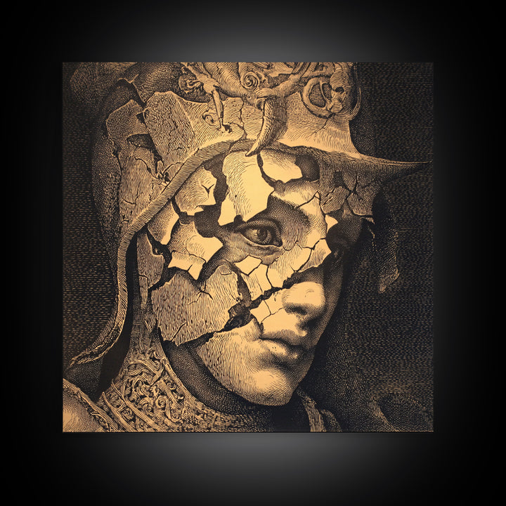 The Cracked Porcelain Mask, Renaissance Engraving Art, Square Wall Art, Dark Halloween Decor, Canvas Print, Halloween Wall Art