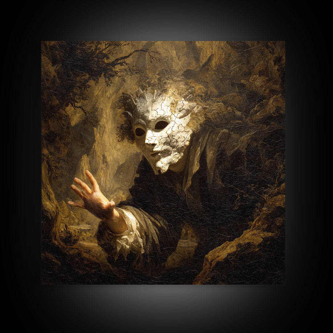 The Cracked Porcelain Mask, Baroque Witchcraft Art, Square Wall Art, Macabre Wall Art, Canvas Print, Halloween Wall Art, Halloween Decor