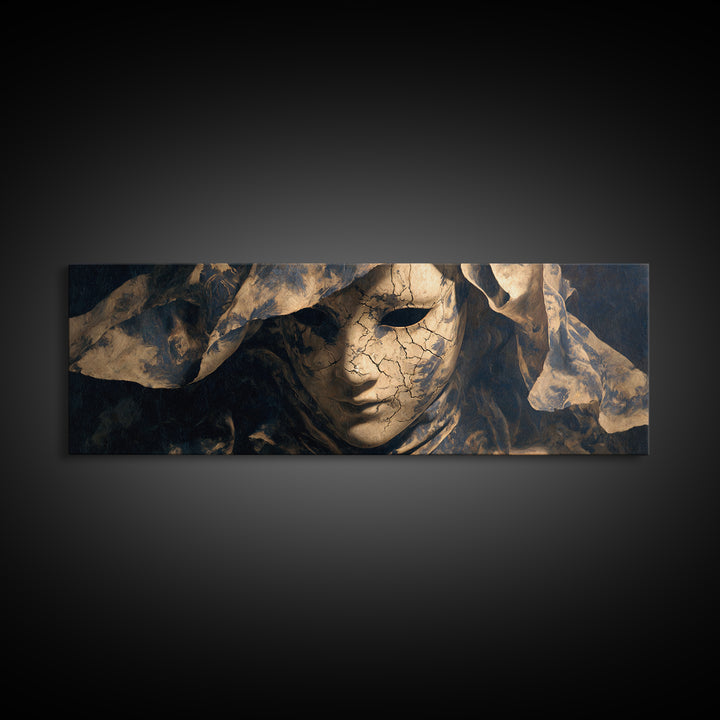 The Cracked Porcelain Mask, Dark Romantic Horror Art, Extra Wide Wall Art, Macabre Wall Art, Framed Canvas Print, Halloween Wall Art