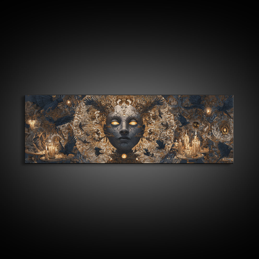 The Cracked Porcelain Mask, Visionary Gothic Art, Extra Wide Wall Art, Dark Halloween Decor, Framed Canvas Print, Halloween Wall Art