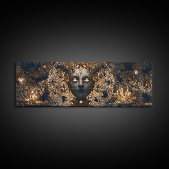 The Cracked Porcelain Mask, Visionary Gothic Art, Extra Wide Wall Art, Dark Halloween Decor, Framed Canvas Print, Halloween Wall Art