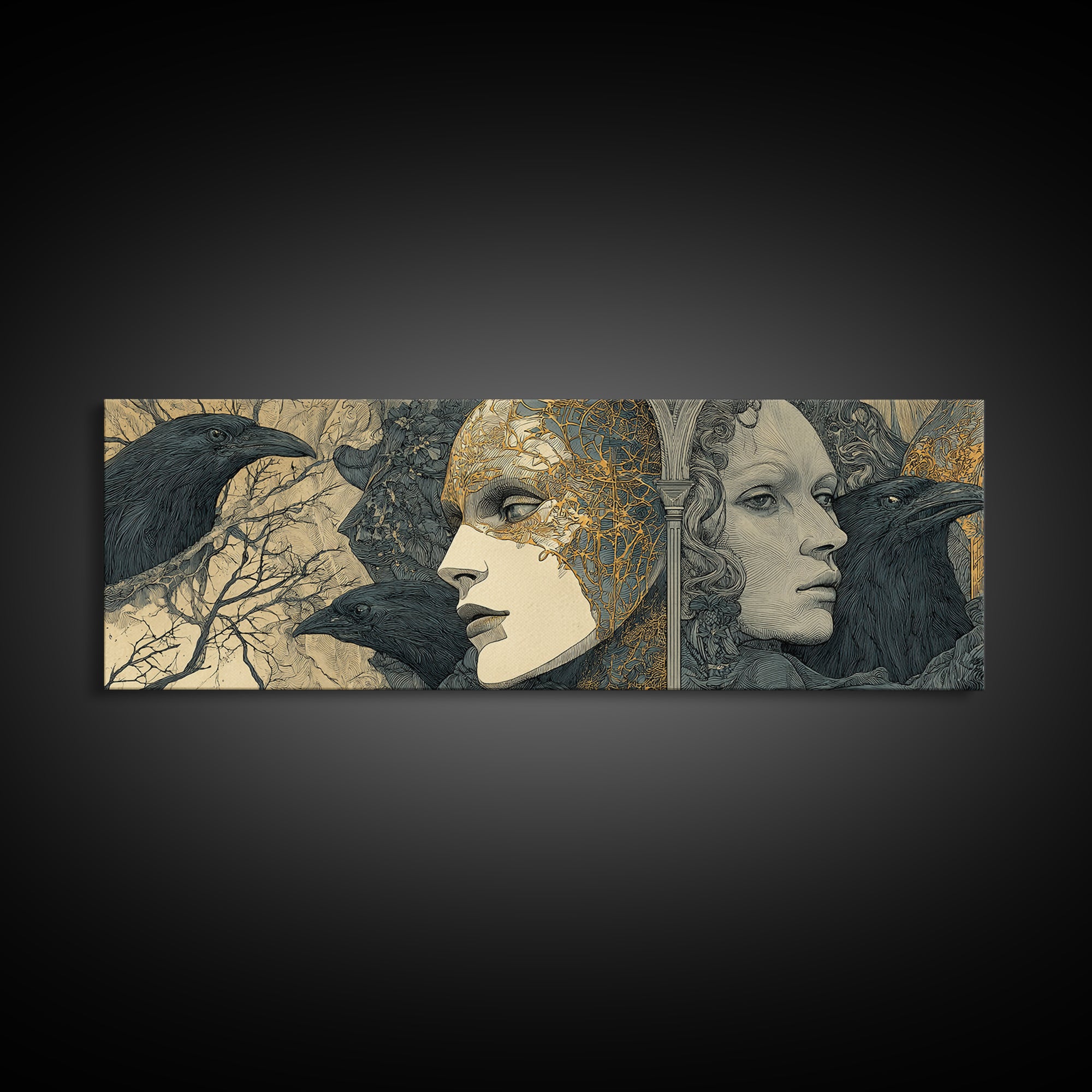 The Cracked Porcelain Mask, Symbolist Death Art, Extra Wide Wall Art, Gothic Horror Wall Art, Framed Canvas Print, Gothic Home Decor