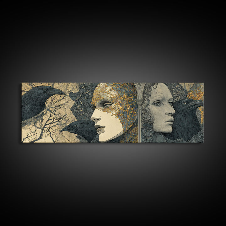 The Cracked Porcelain Mask, Symbolist Death Art, Extra Wide Wall Art, Gothic Horror Wall Art, Framed Canvas Print, Gothic Home Decor