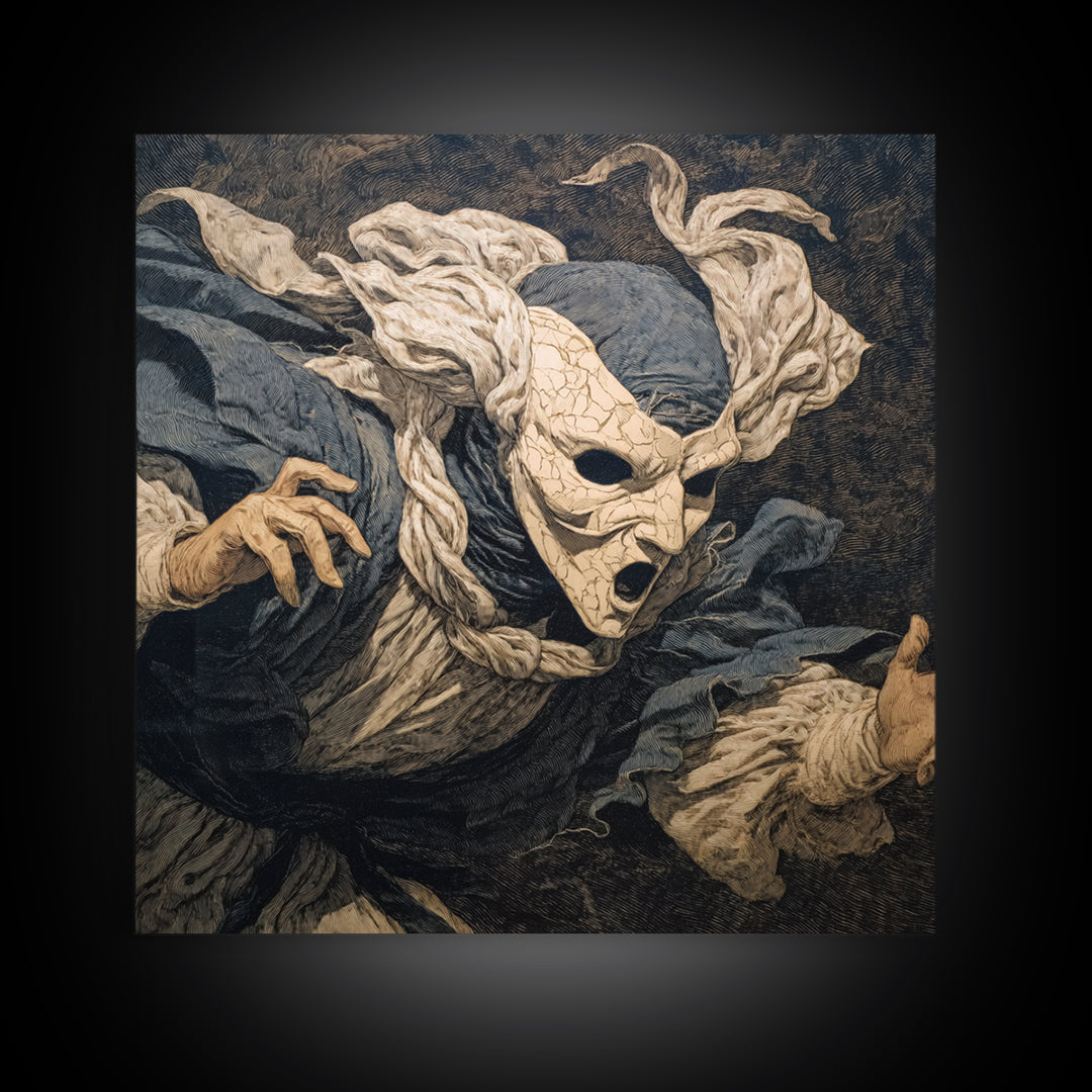 The Cracked Porcelain Mask, Symbolist Etching Art, Square Wall Art, Gothic Horror Wall Art, Framed Canvas Print, Halloween Wall Art