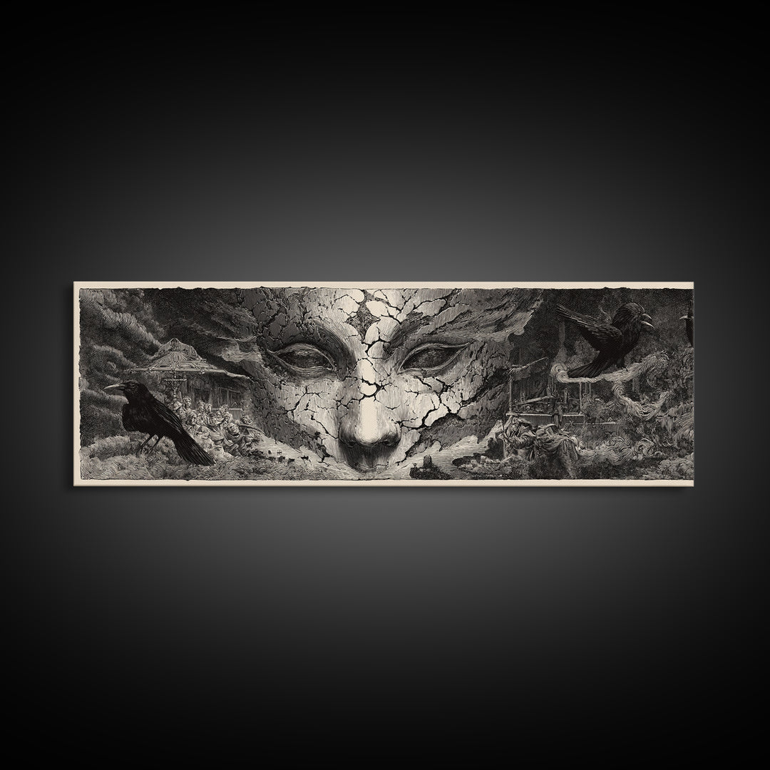 The Cracked Porcelain Mask, Expressionist Nightmare Art, Extra Wide Wall Art, Gothic Horror Wall Art, Framed Canvas Print