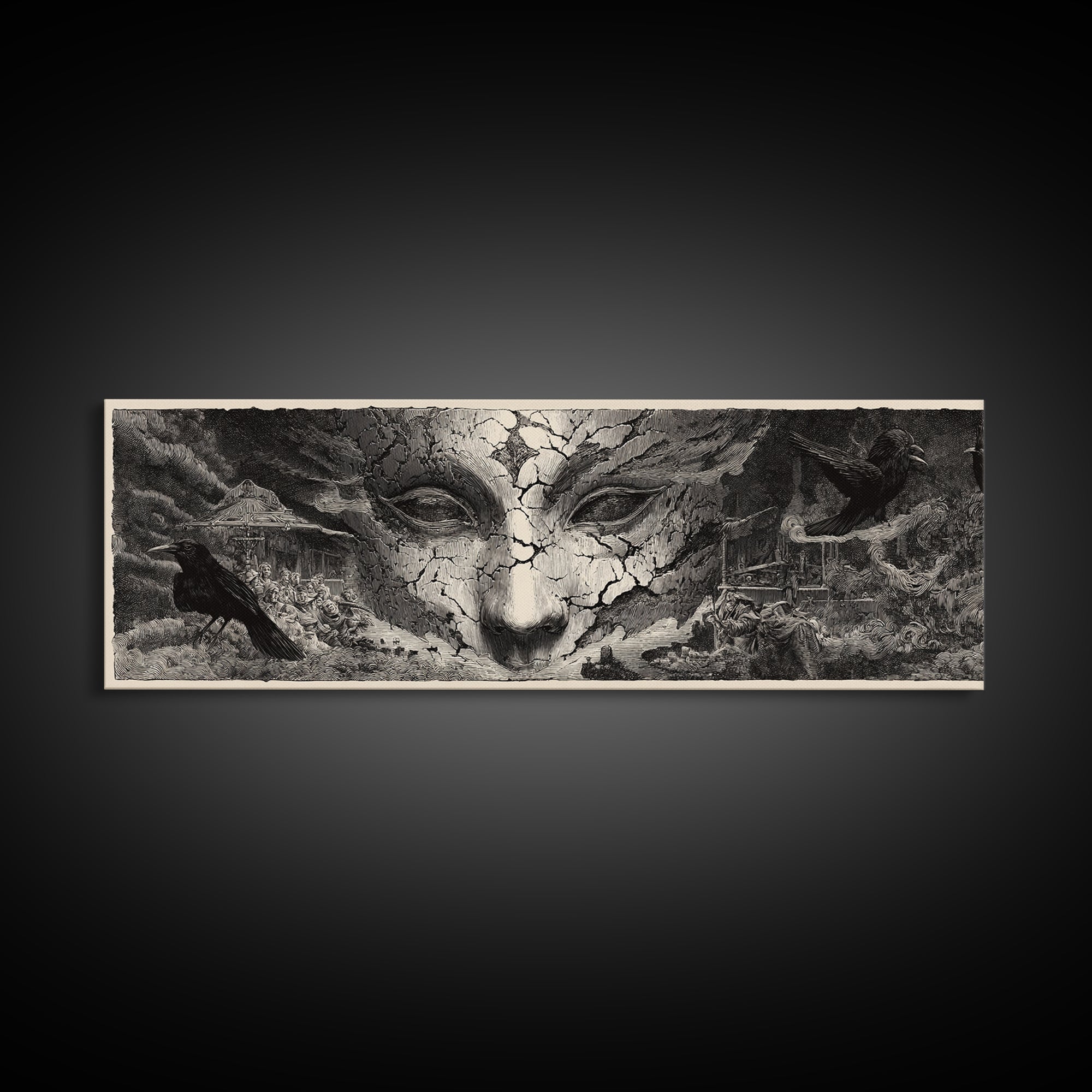 The Cracked Porcelain Mask, Expressionist Nightmare Art, Extra Wide Wall Art, Gothic Horror Wall Art, Framed Canvas Print