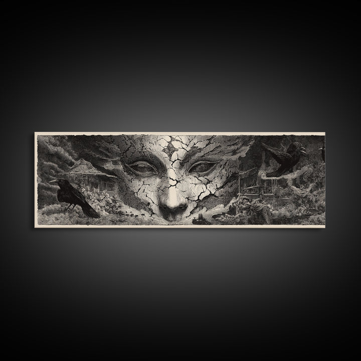 The Cracked Porcelain Mask, Expressionist Nightmare Art, Extra Wide Wall Art, Gothic Horror Wall Art, Framed Canvas Print