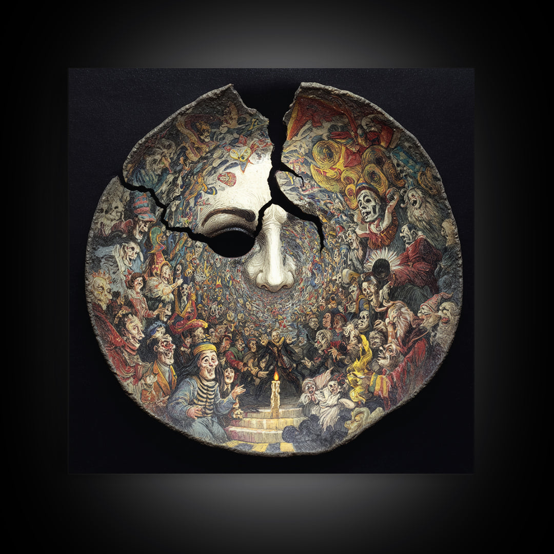 The Cracked Porcelain Mask, Grotesque Carnival Art, Square Wall Art, Dark Fantasy Wall Art, Canvas Print, Halloween Wall Art