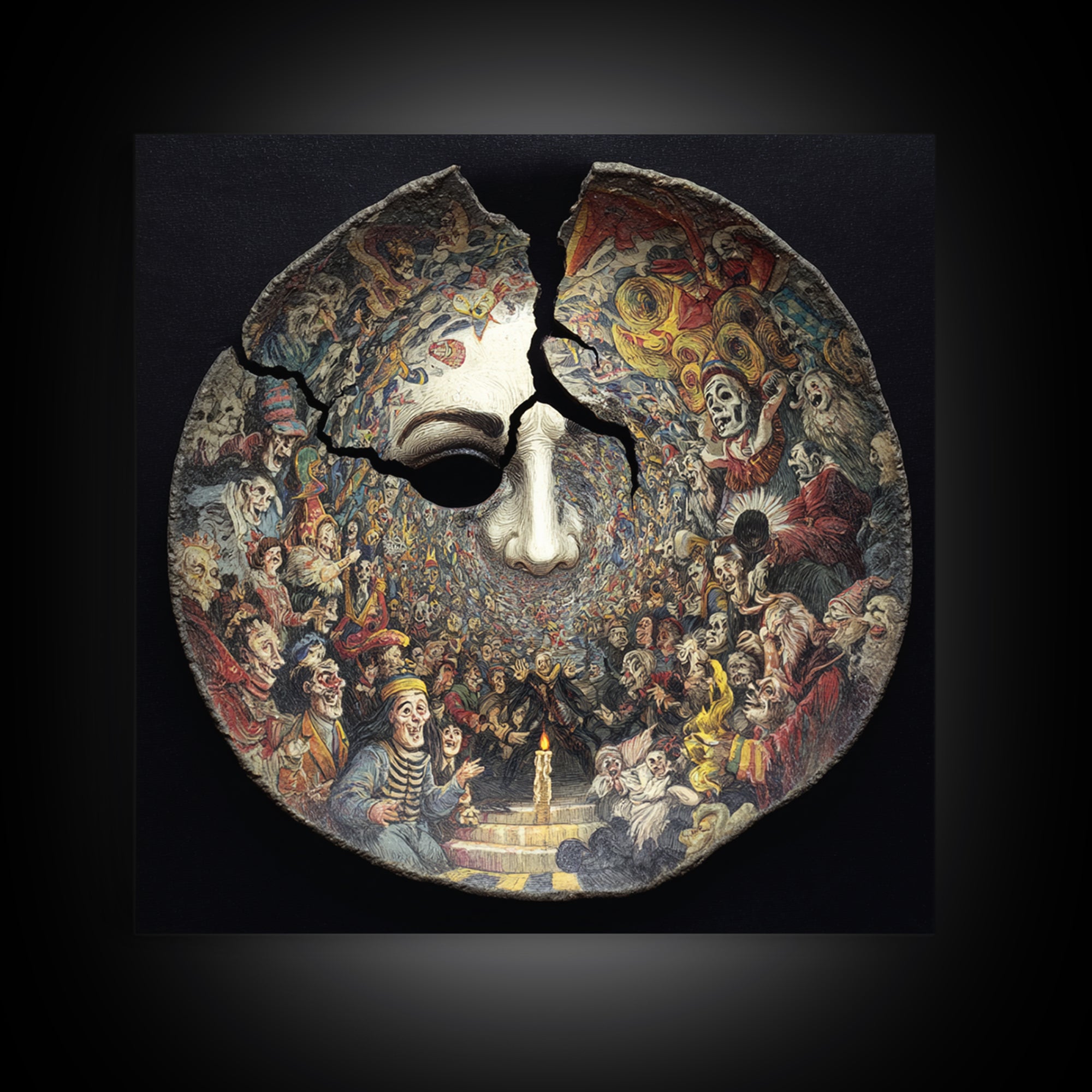 The Cracked Porcelain Mask, Grotesque Carnival Art, Square Wall Art, Dark Fantasy Wall Art, Canvas Print, Halloween Wall Art