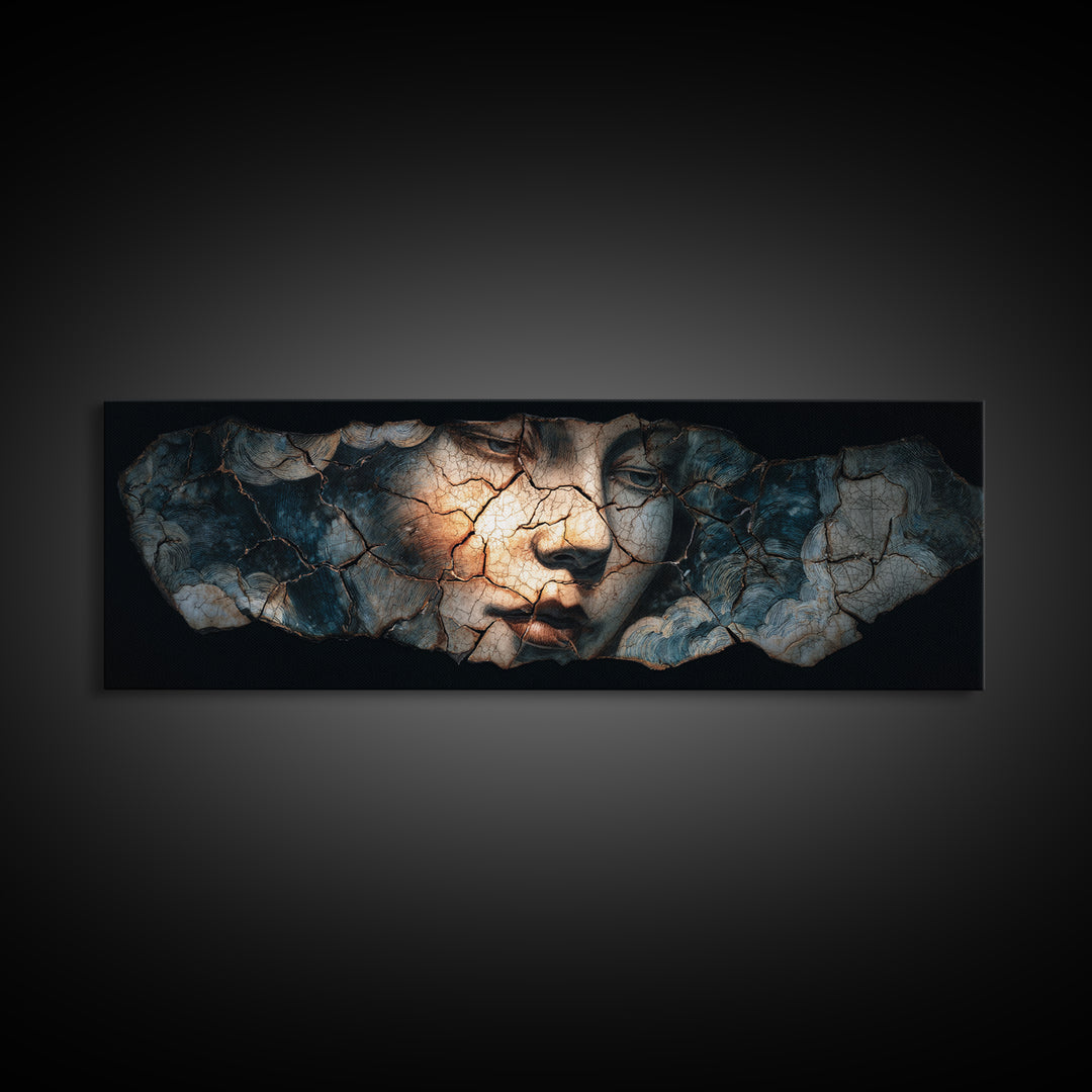 The Cracked Porcelain Mask, Expressionist Gothic Art, Extra Wide Wall Art, Gothic Horror Wall Art, Canvas Print, Halloween Wall Art