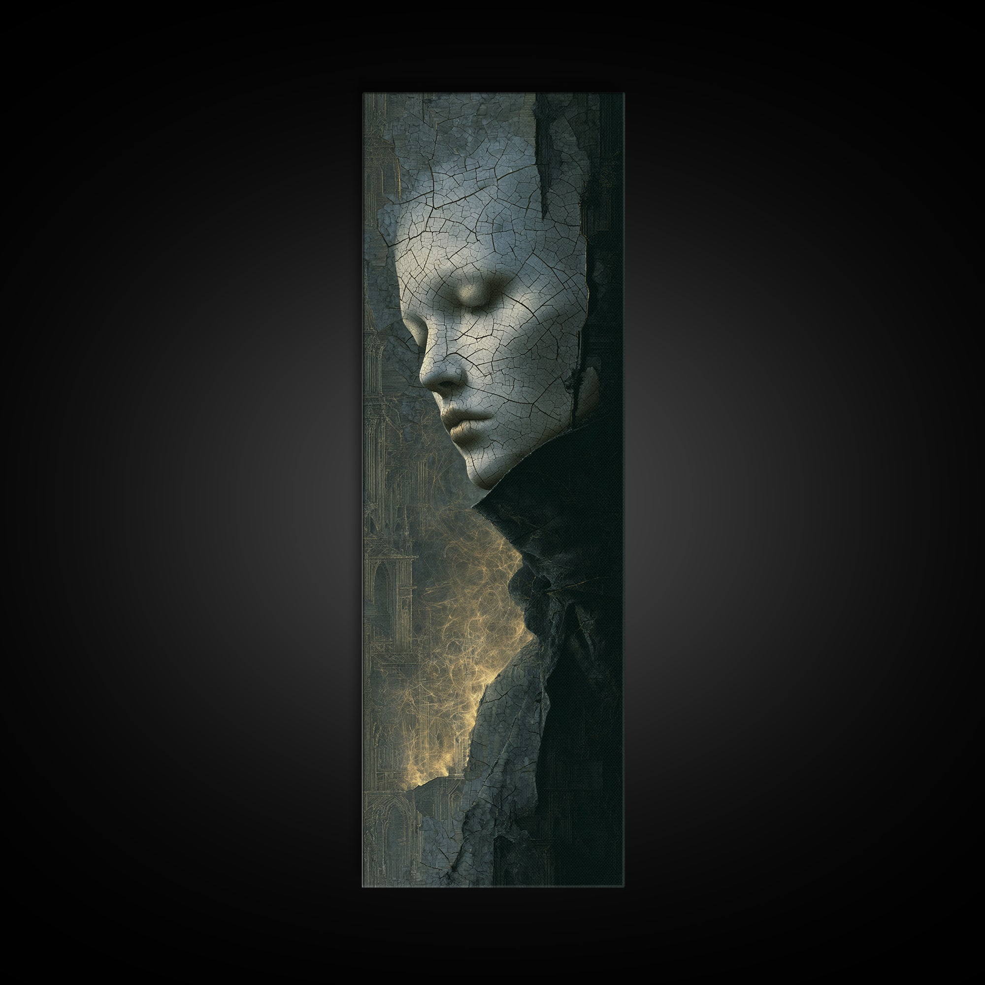 The Cracked Porcelain Mask, Surreal Apocalyptic Art, Tall Narrow Wall Art, Macabre Wall Art, Framed Canvas Print, Halloween Wall Art