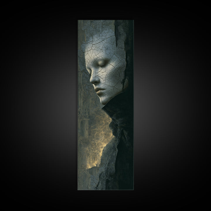The Cracked Porcelain Mask, Surreal Apocalyptic Art, Tall Narrow Wall Art, Macabre Wall Art, Framed Canvas Print, Halloween Wall Art