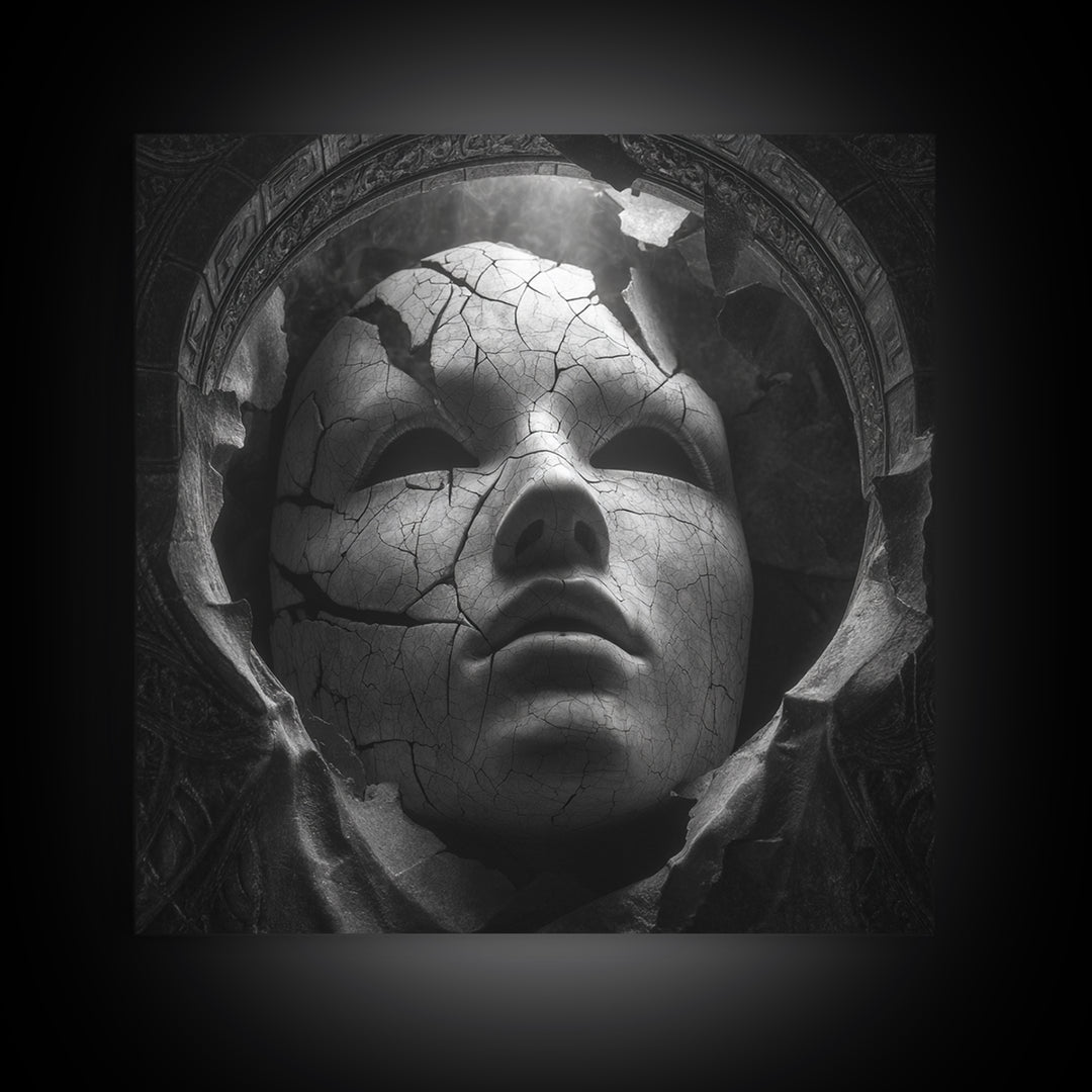 The Cracked Porcelain Mask, Biomechanical Horror Art, Square Wall Art, Dark Fantasy Wall Art, Canvas Print, Halloween Wall Art