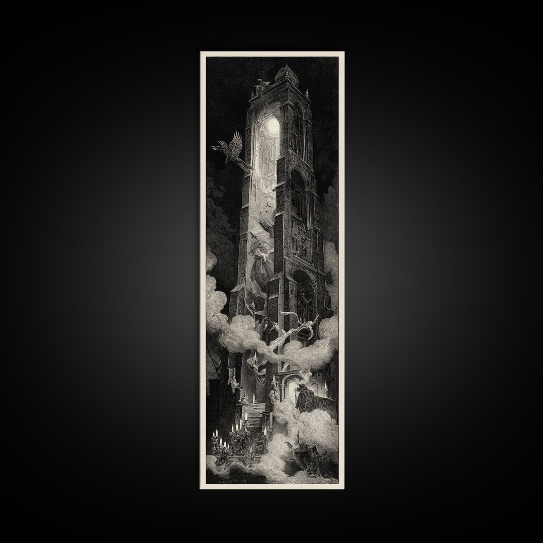 The Haunted Music Box, Gothic Engraving Art, Tall Narrow Wall Art, Macabre Wall Art, Canvas Print, Halloween Wall Art