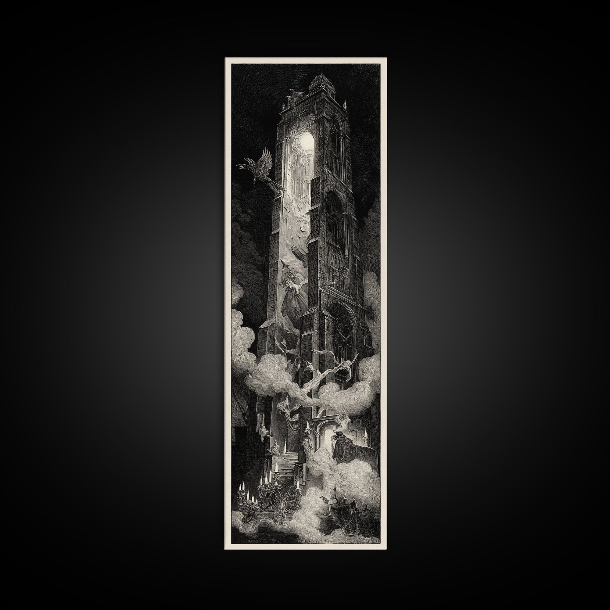 The Haunted Music Box, Gothic Engraving Art, Tall Narrow Wall Art, Macabre Wall Art, Canvas Print, Halloween Wall Art