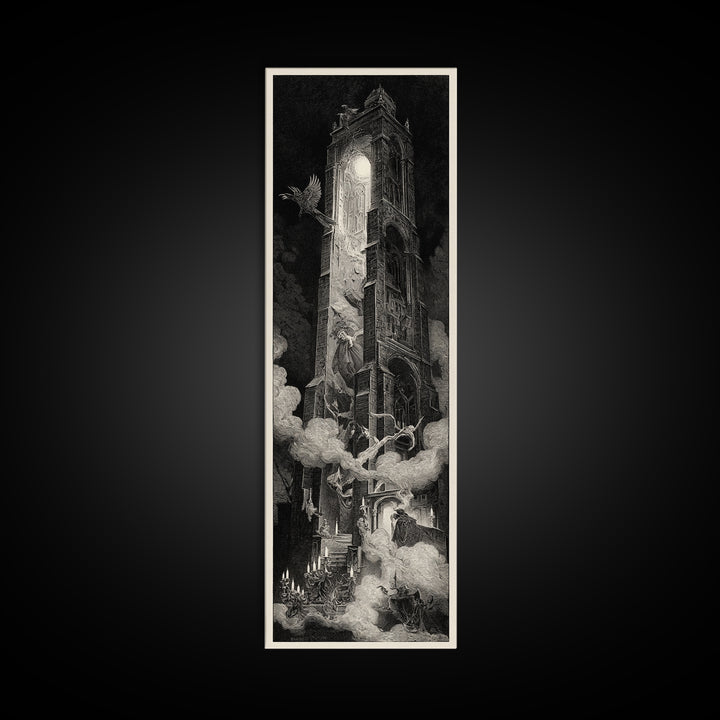 The Haunted Music Box, Gothic Engraving Art, Tall Narrow Wall Art, Macabre Wall Art, Canvas Print, Halloween Wall Art