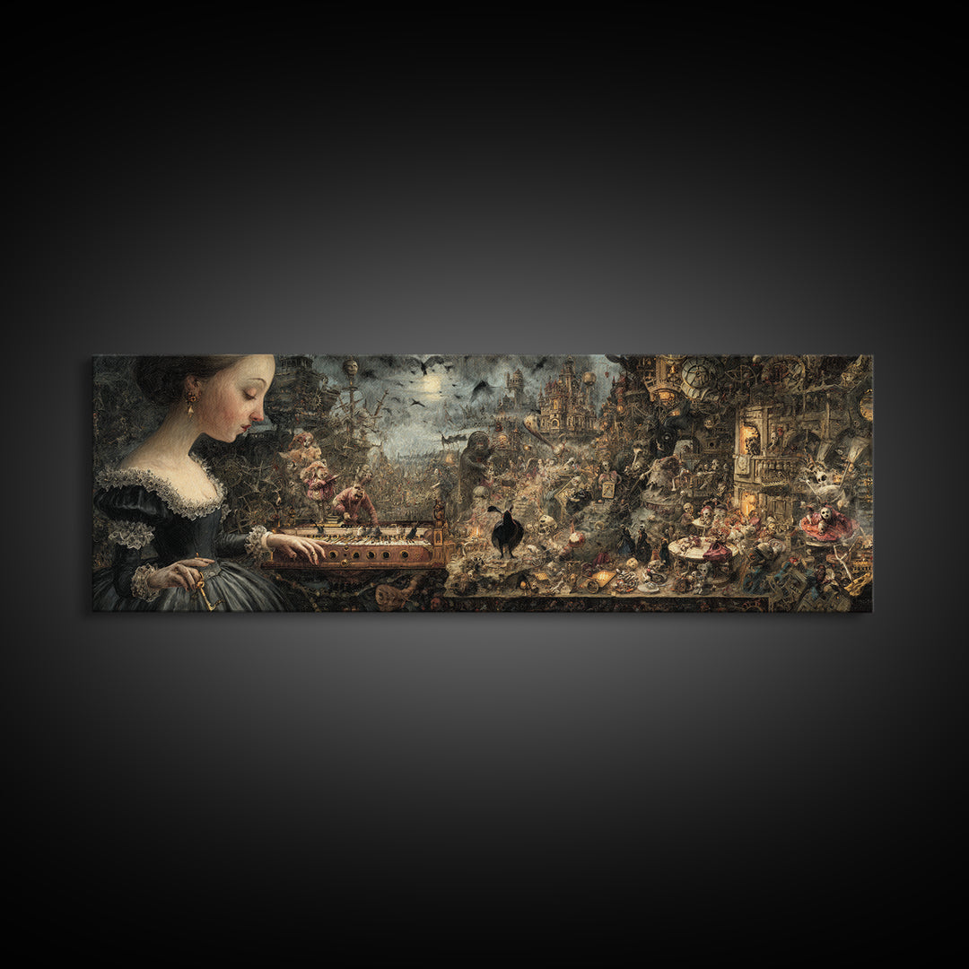 The Haunted Music Box, Medieval Grotesque Art, Extra Wide Wall Art, Gothic Horror Wall Art, Framed Canvas Print, Halloween Wall Art