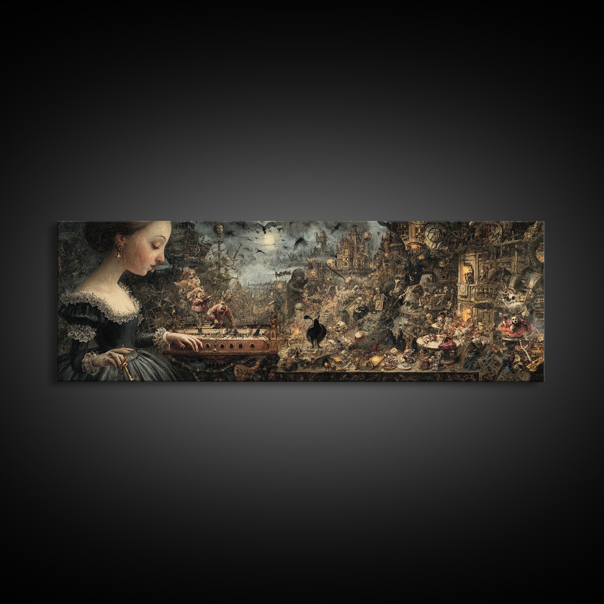 The Haunted Music Box, Medieval Grotesque Art, Extra Wide Wall Art, Gothic Horror Wall Art, Framed Canvas Print, Halloween Wall Art