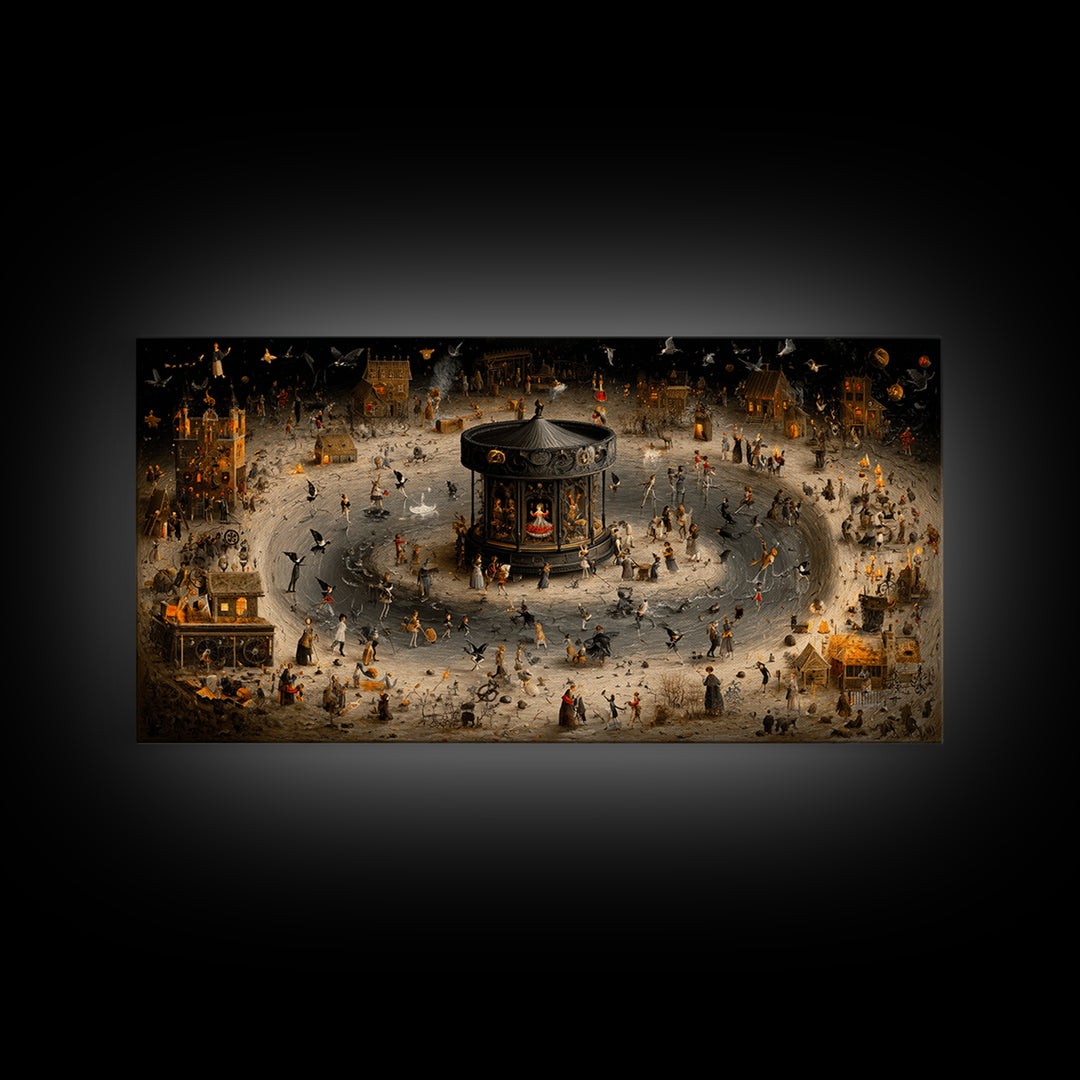 The Haunted Music Box, Northern Renaissance Horror, Wide Panoramic Art, Macabre Wall Art, Framed Canvas Print, Halloween Wall Art