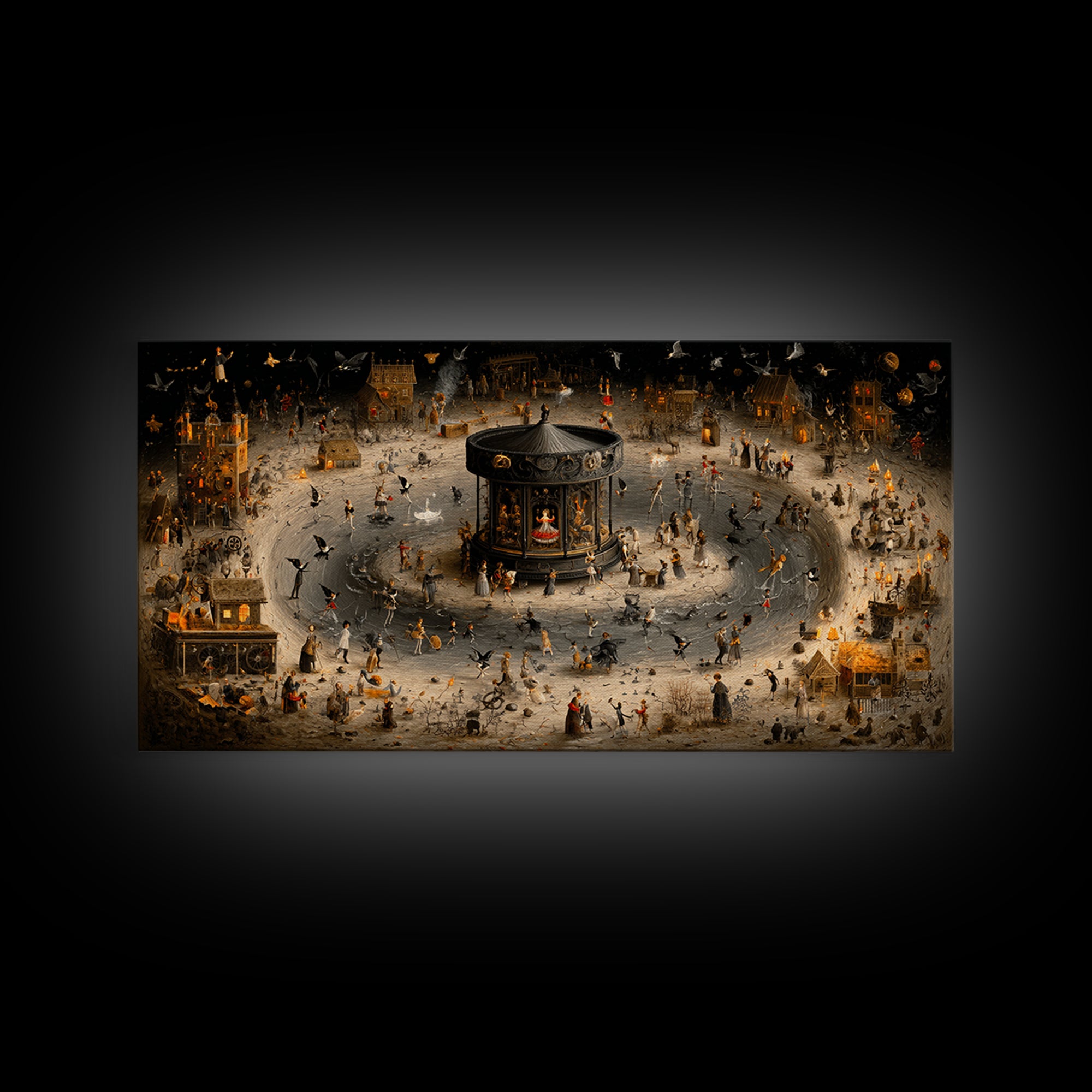 The Haunted Music Box, Northern Renaissance Horror, Wide Panoramic Art, Macabre Wall Art, Framed Canvas Print, Halloween Wall Art